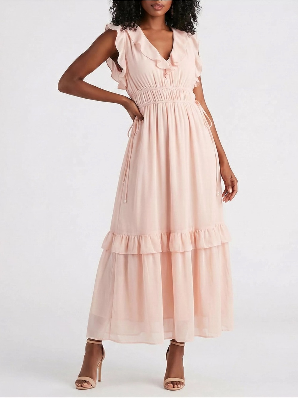 Taylor Pink Ruffled V-Neck A-Line Maxi Dress 8 Ruffle